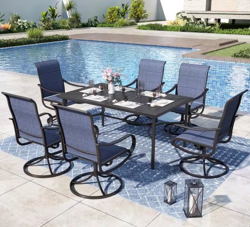 7-Piece Metal Outdoor Patio Dining Set with Blue Swivel Chairs