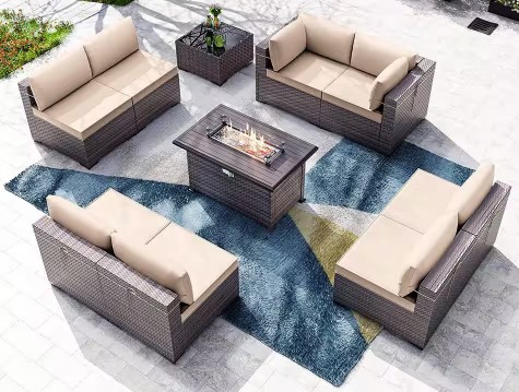 Halmuz 10-Piece Wicker Patio Conversation Set with Fire Pit