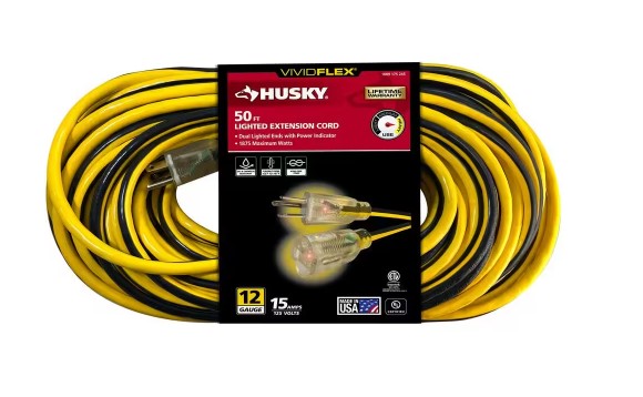 Husky VividFlex 50 ft. 12 3 Heavy-Duty Extension Cord (Yellow, Lighted End)