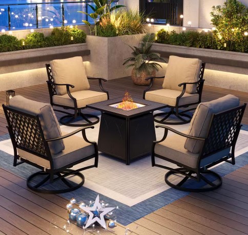 PHI VILLA 5-Piece Steel Outdoor Patio Conversation Set with Fire Pit