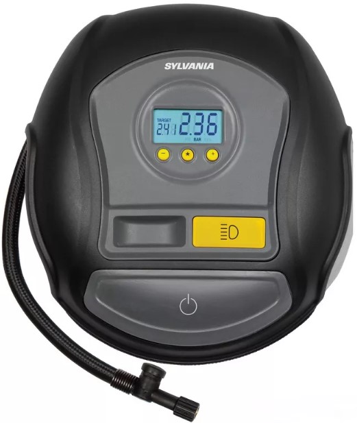 sylvania-pro-portable-tire-inflator-led-digital-display-gauge-with-auto-stop-inflation-led-work-light-carrying-case-3-piece-adapters-for-sports-balls-vehicle-tires-bike-tires-and-inflatable-toys